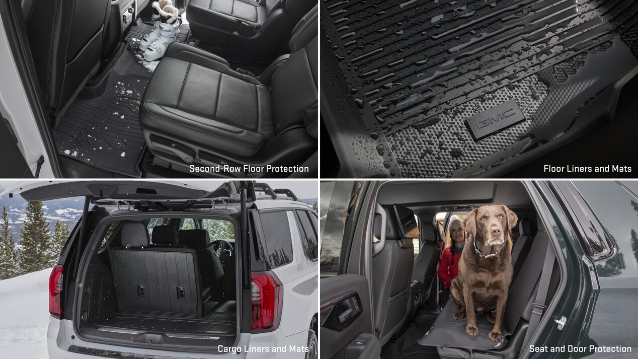 Multiple views of accessorized vehicles and text overlays “second-row floor protection, floor liners and mats, cargo liners and mats, & seat and door protection.”