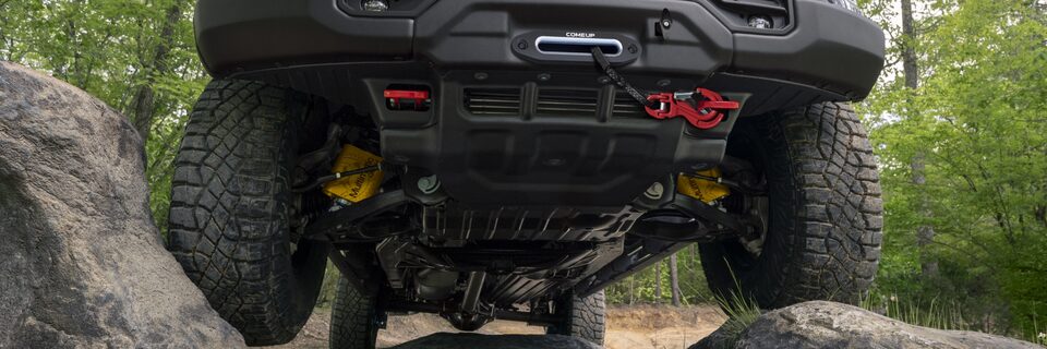 Close-up View of the Undercarriage on a GMC Sierra AT4X AEV Edition Pickup Truck