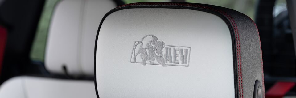 Close-up of the Badging on the Interior Head Restraints of the GMC Canyon AT4X AEV Edition