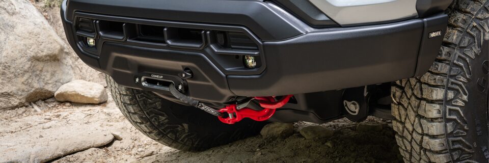 Close-up of the Heavy-Duty Front Bumper and the Heavy-Duty Cast Iron Recovery Point