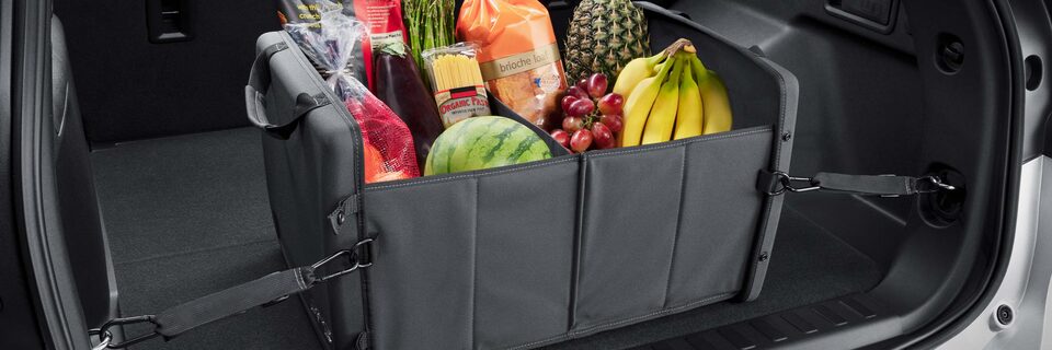 Fruits and Groceries in a Container along with Straps in the Trunk Space of a GMC Vehicle