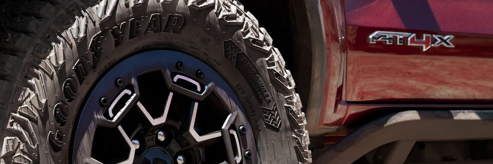 Close-up of the Tire and AT4X Badging on the GMC Canyon Off-Road Pickup Truck