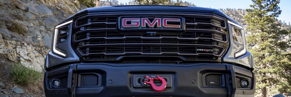 Front View of the GMC Sierra AT4X AEV Grille and Winch-Capable Front Bumper