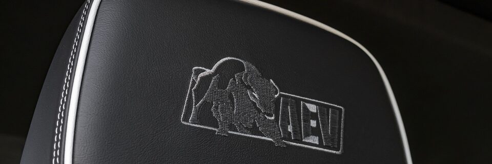 Close-up of the Interior AEV Badging on the GMC Sierra Trucks Headrests