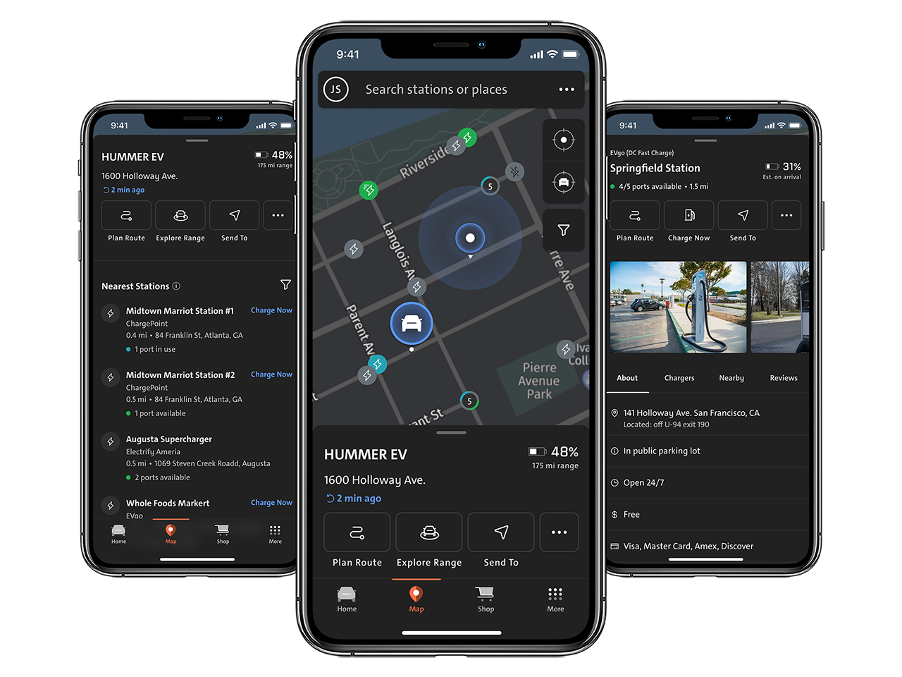 Three Smartphones Displaying the Steps in Using the GMC Mobile App to Locate a Public Charging Station