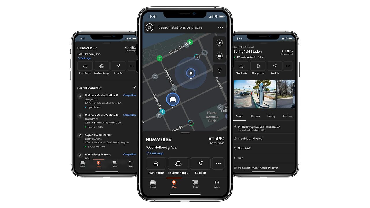 Three Smart Phone Screen Displaying how jpg to Search for an EV Charging Station for your GMC EV