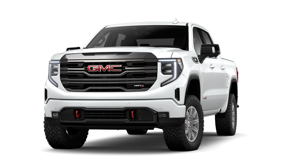Front Three-Quarter View of a White 2025 GMC Sierra AT4 Off-Road Truck