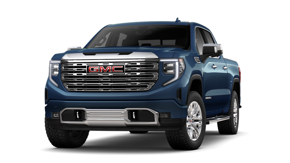Front Three-Quarter View of a Blue 2025 GMC Sierra Denali Luxury Pickup Truck