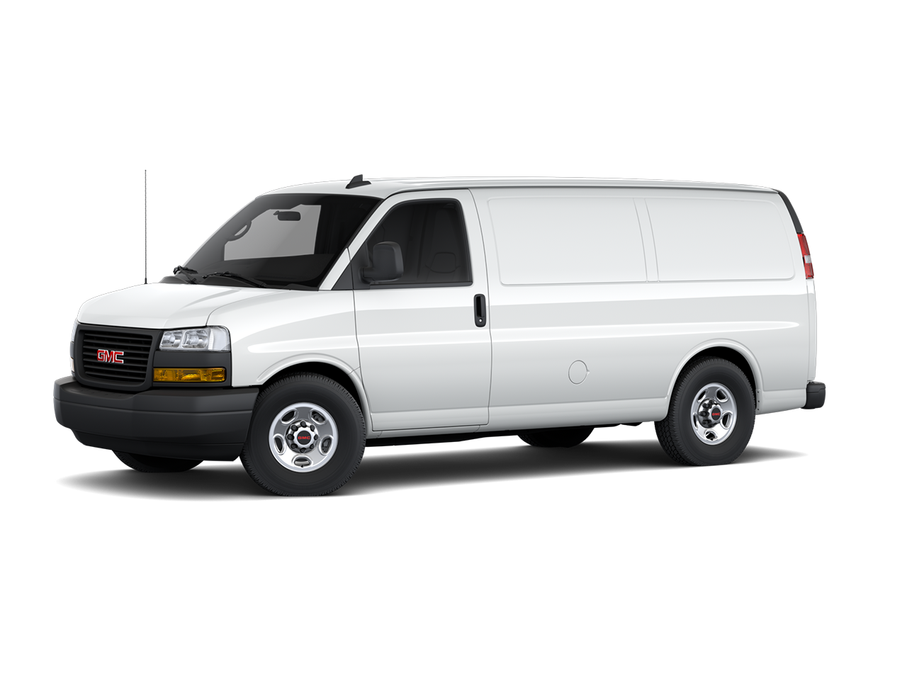 Front Three-Quarters View of a 2026 GMC 2500 Savana Cargo Van with Width and Height Dimensions Graphic