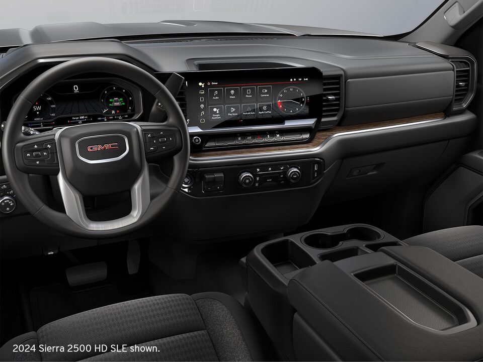 Close-up of the Steering Wheel and Infotainment System in a 2025 GMC Sierra HD Chassis Cab Truck