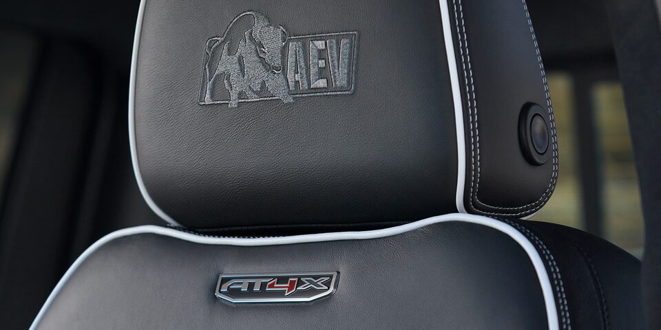 Close-up View of "AEV" Stitching on the Seat in a 2025 GMC Sierra HD AT4X Truck
