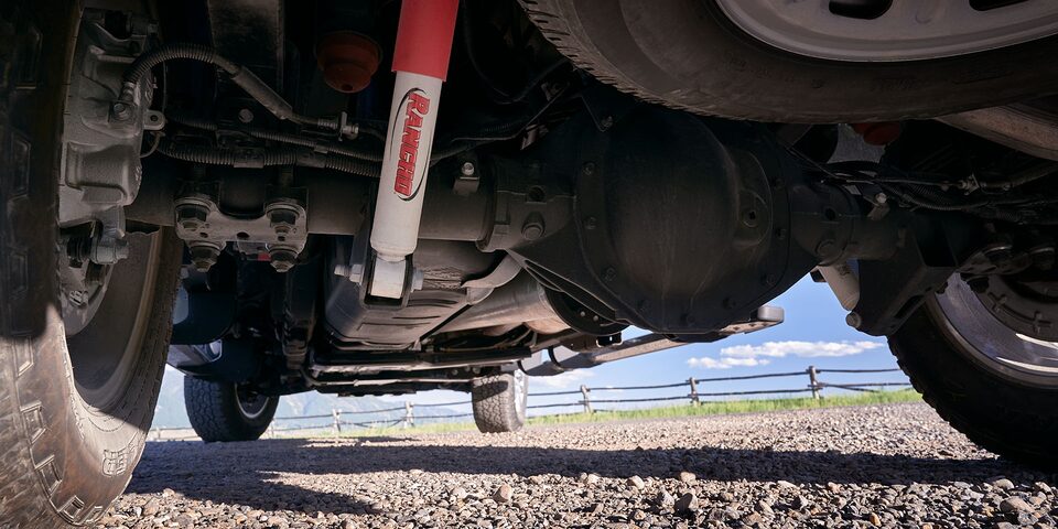 Close-up of Rancho Shocks on a GMC Truck