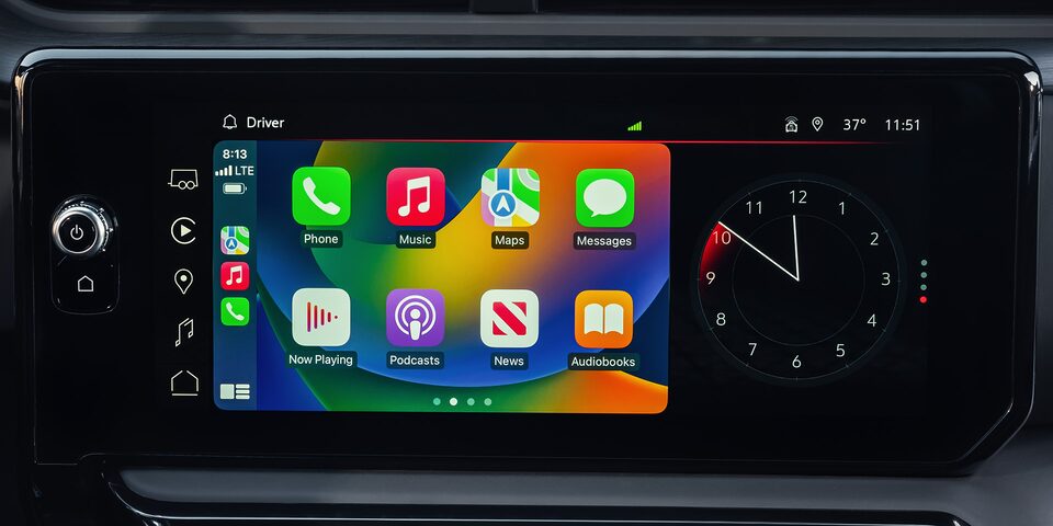 Close-up View of the Infotainment System with Apple Carplay in Use in a 2025 GMC Sierra HD Truck