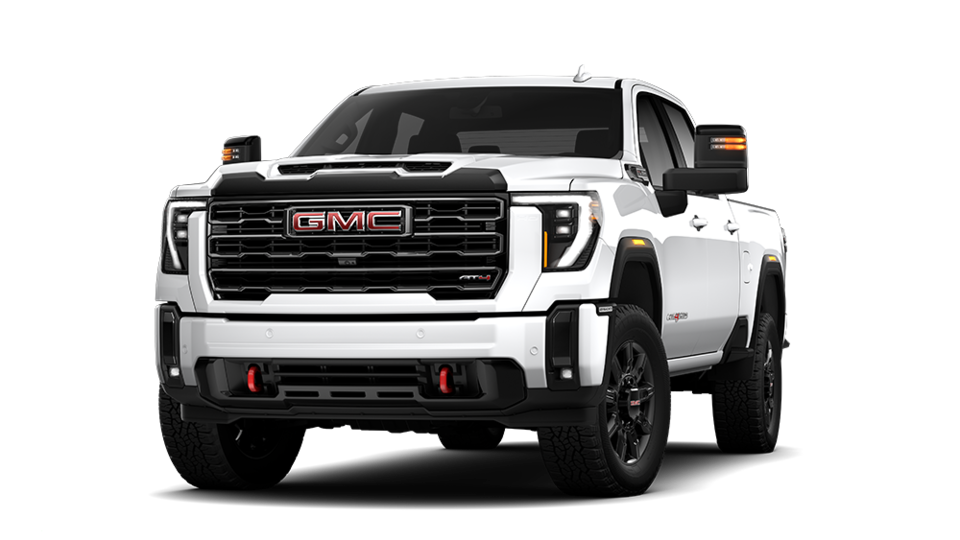 Front Three-Quarters View of a White 2025 GMC Sierra HD AT4 Off-Road Truck