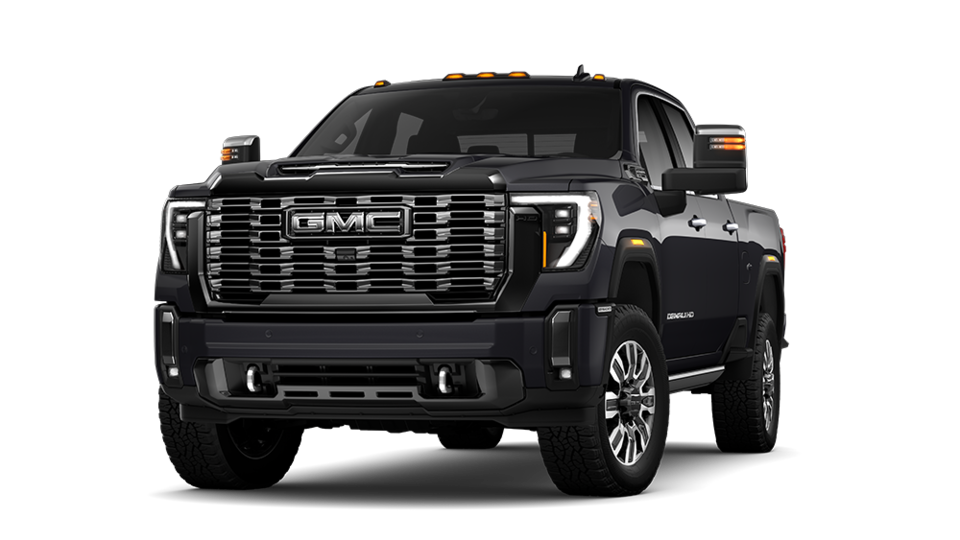 Front Three-Quarters View of a Black 2025 GMC Sierra HD Denali Luxury Truck