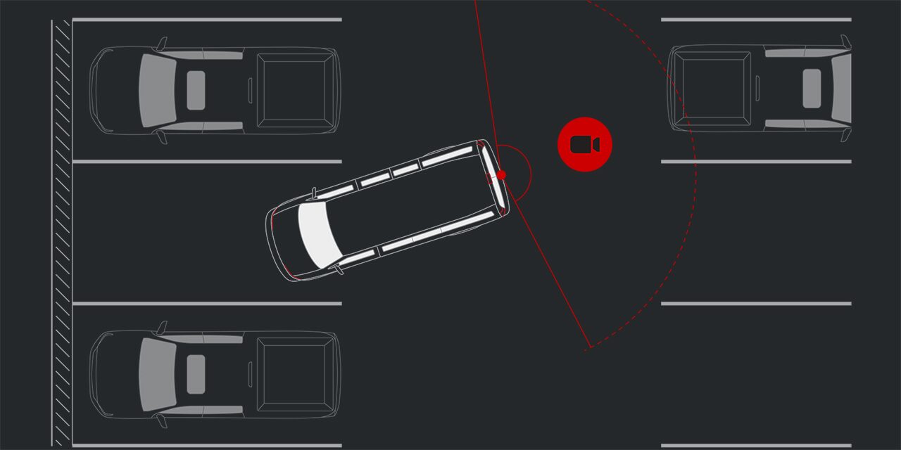 Birds-eye View of an Illustration Displaying the Rear Vision Camera Being Used in a Parking Lot