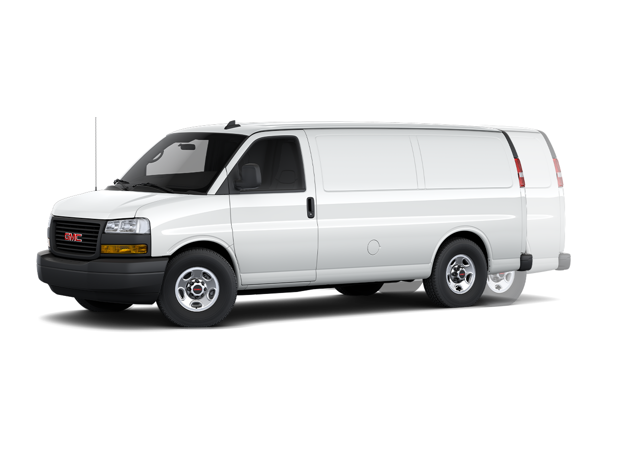 Front Three-Quarters View of a 2026 GMC 3500 Savana Cargo Van with Width and Height Dimensions Graphic
