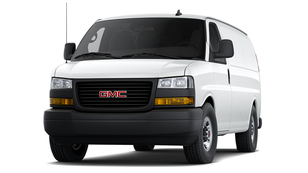Exterior Front Three-Quarters View of a Summit White 2026 GMC Savana Cargo Van