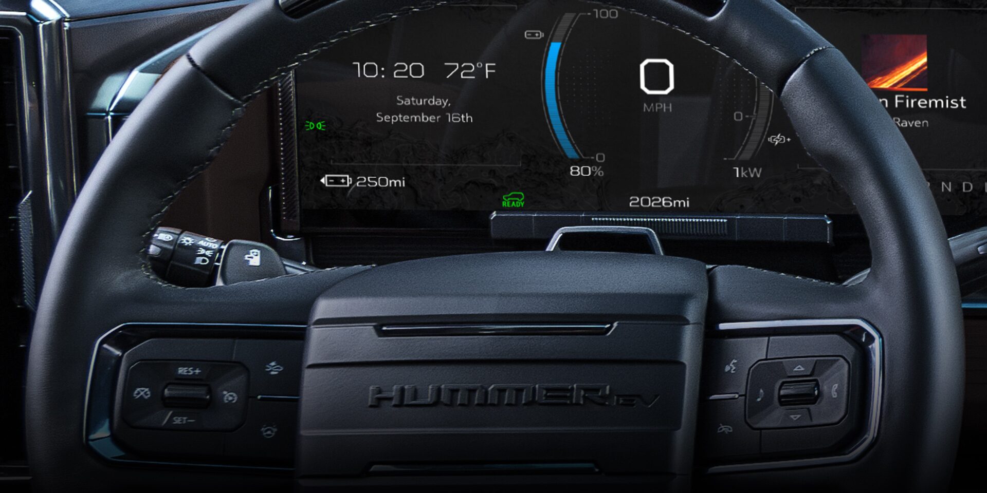 Close-up of the 2026 GMC HUMMER EV Steering Wheel and Driver Information Center