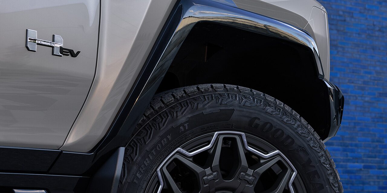 Close-up View of the 2026 GMC HUMMER EV SUV Logo on the Exterior near Tire