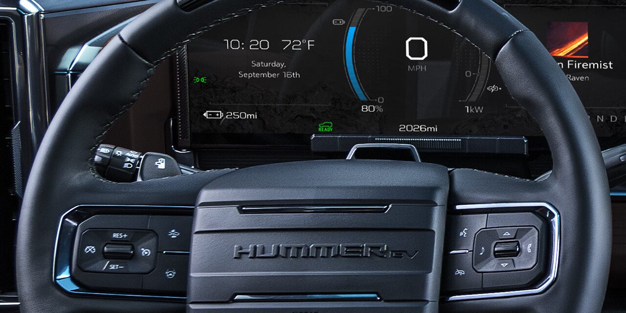 Close-up of the 2026 GMC HUMMER EV SUV Steering Wheel and Driver Information Center
