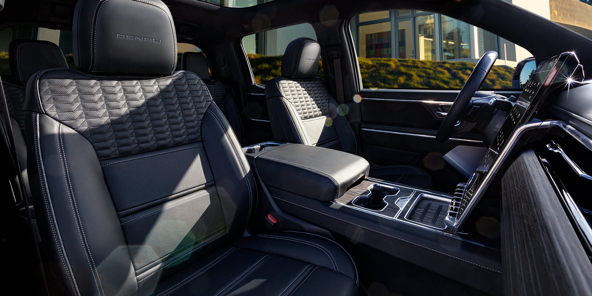 View From the Drivers Side Door of the Luxurious Front Row Seats in the 2026 GMC Sierra EV Denali