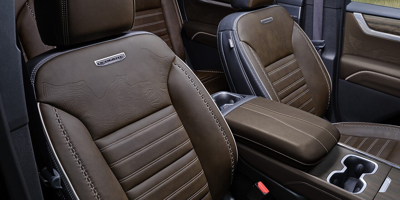 Interior View of the Full-Leather Massaging Front Heated Seats in the GMC 2026 Acadia Denali Luxury SUV