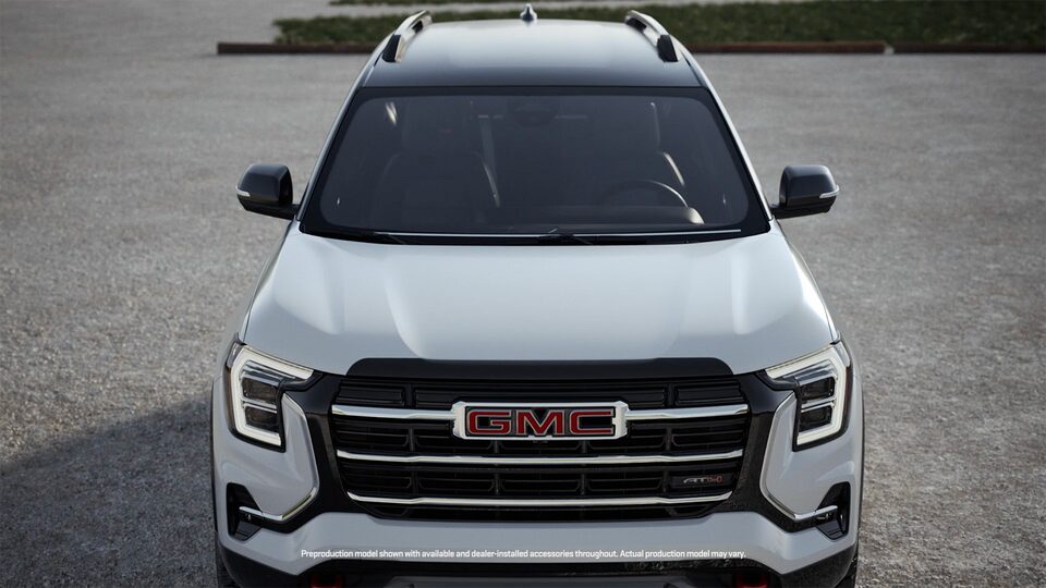 Front Birds-eye View of the 2026 GMC Terrain AT4 Small Off-Road SUVs Stylish Grille and Windshield