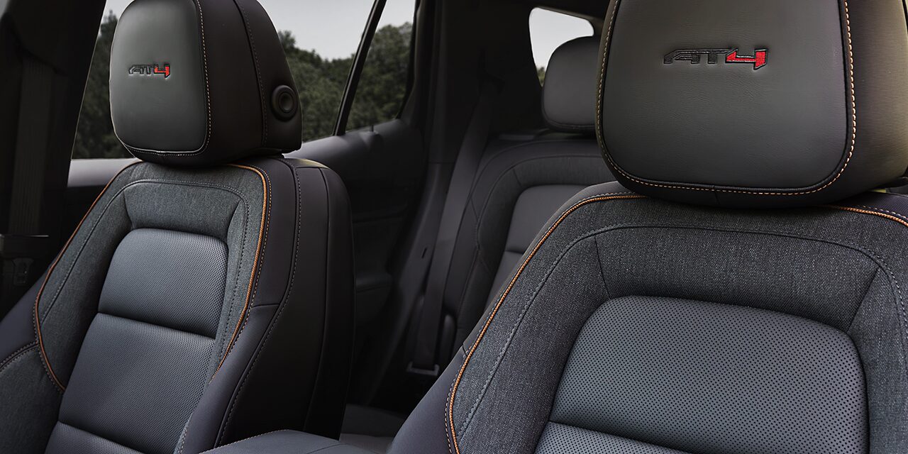 Close-up of the AT4 Badging on the Front Row Seats in the 2026 GMC Terrain AT4 Small Off-Road SUV