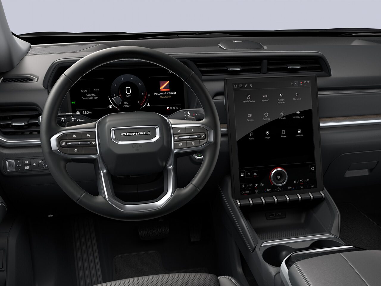 Close-up of the Diagonal Premium GMC Infotainment System, Steering Wheel, and Dashboard in the 2026 GMC Terrain