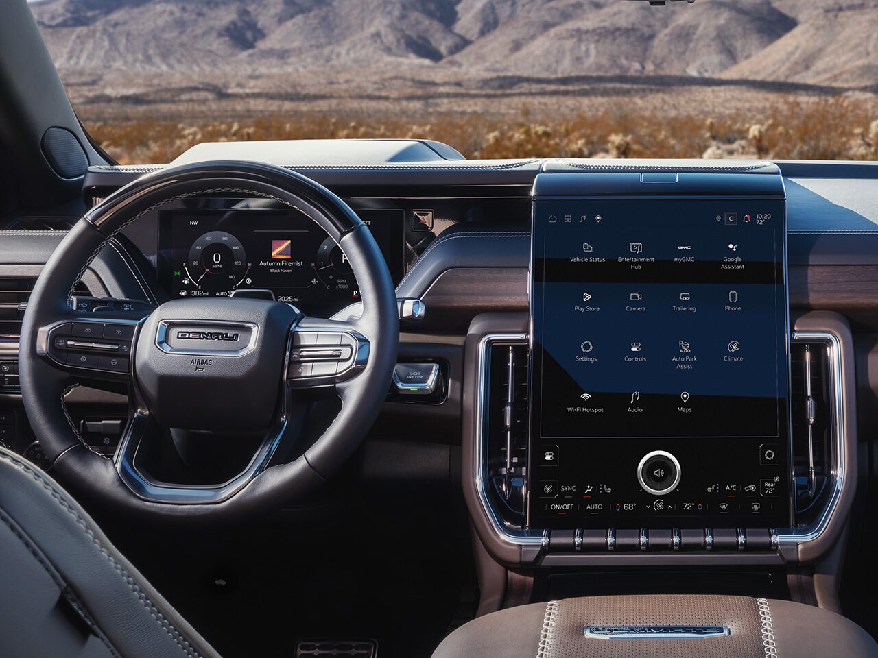 Interior View of the Steering Wheel, Dashboard, and Infotainment System in the 2026 GMC Yukon Large SUV