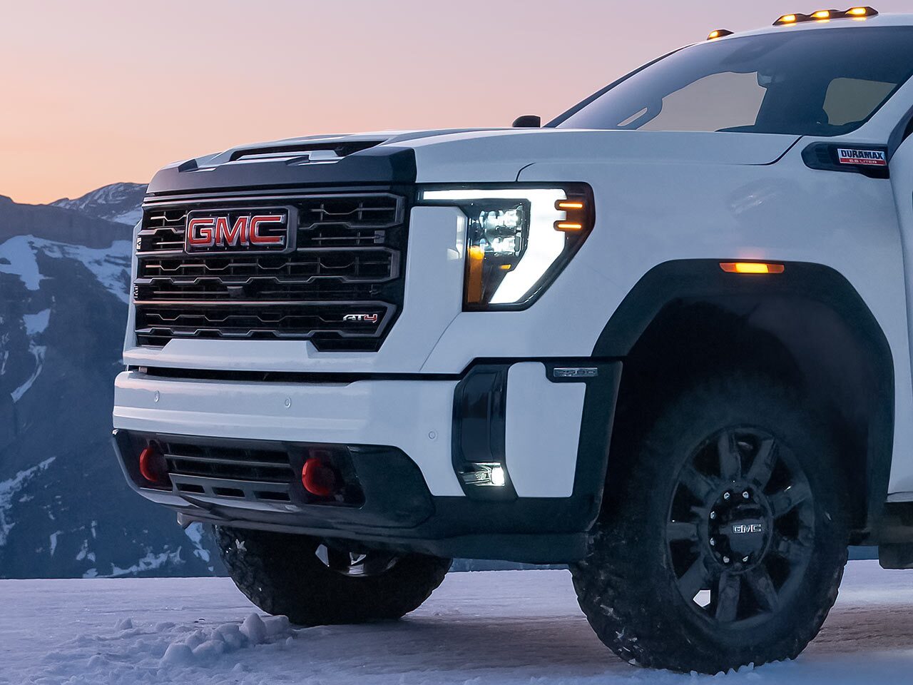 Close-up Three-Quarters View of the 2026 GMC Sierra HD Exterior LED Headlamps