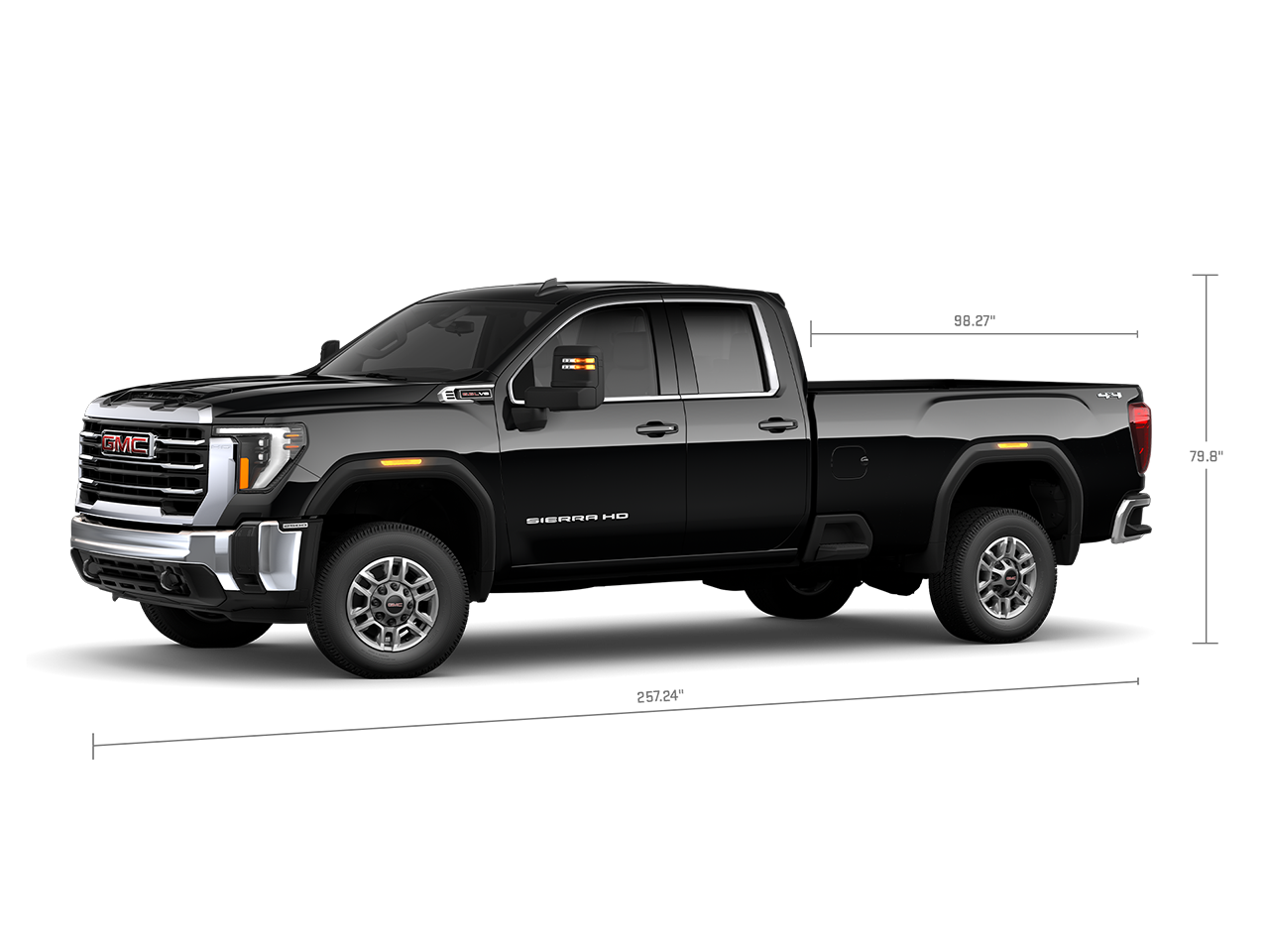 Profile View of the GMC 2026 Sierra HD Heavy Duty Truck with Measurements for the Truck and Truck Bed