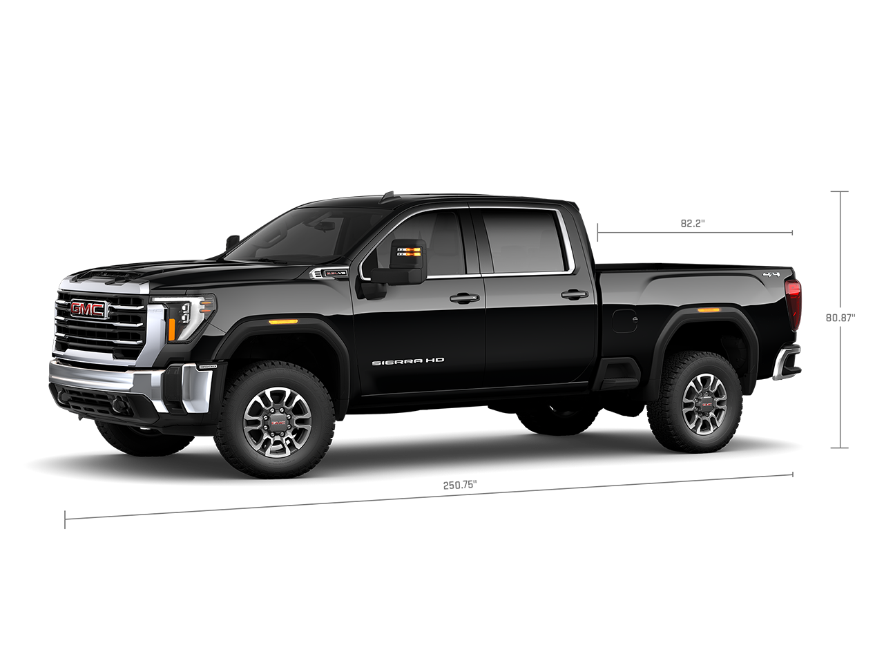 Profile View of the GMC 2026 Sierra HD Heavy Duty Truck with Measurements for the Truck and Truck Bed