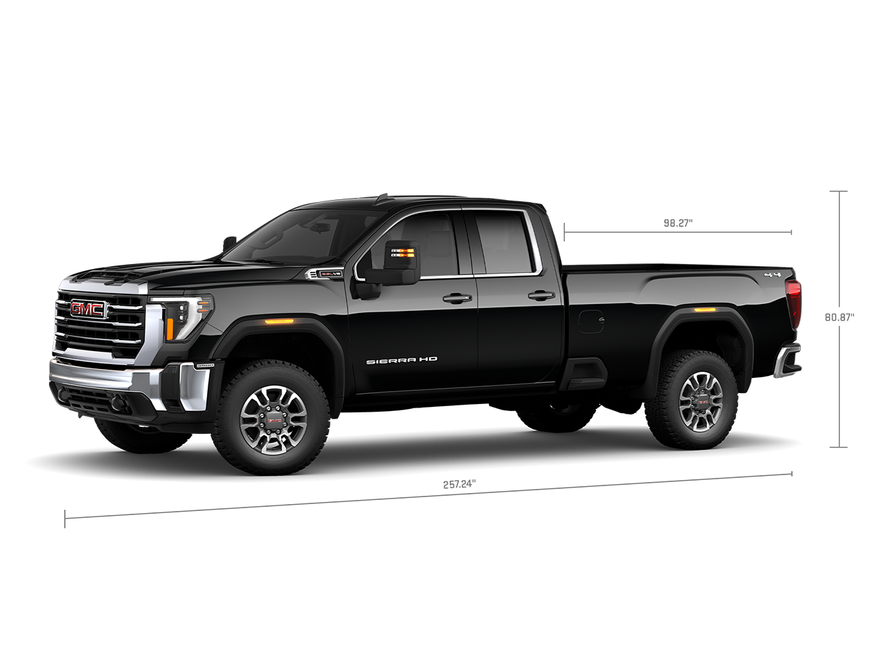 Profile View of the GMC 2026 Sierra HD Heavy Duty Truck with Measurements for the Truck and Truck Bed