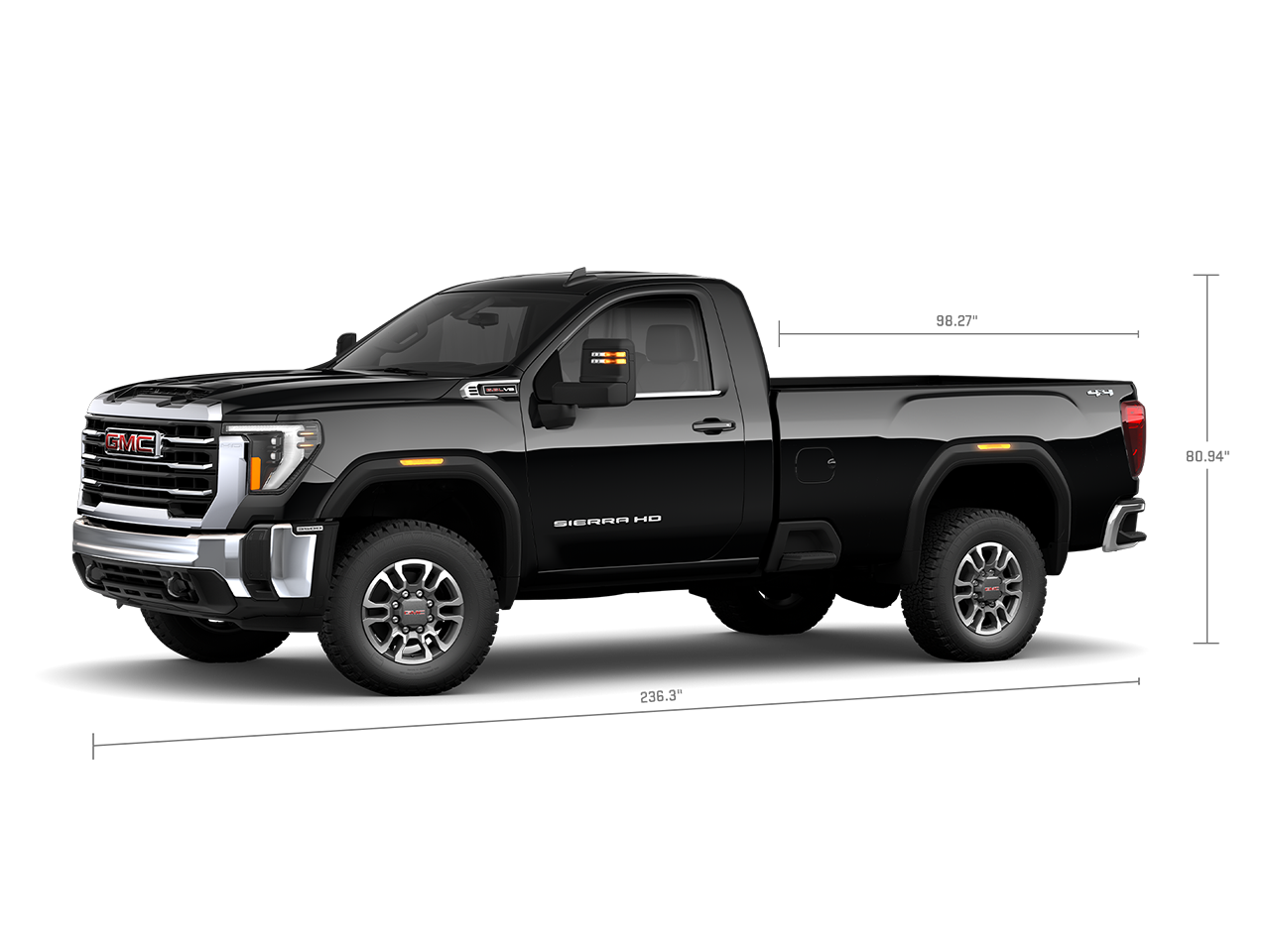 Profile View of the GMC 2026 Sierra HD Heavy Duty Truck with Measurements for the Truck and Truck Bed
