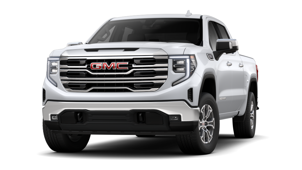 Front Three-Quarters View of a Glacier White Tricoat 2026 GMC Sierra SLT Pickup Truck